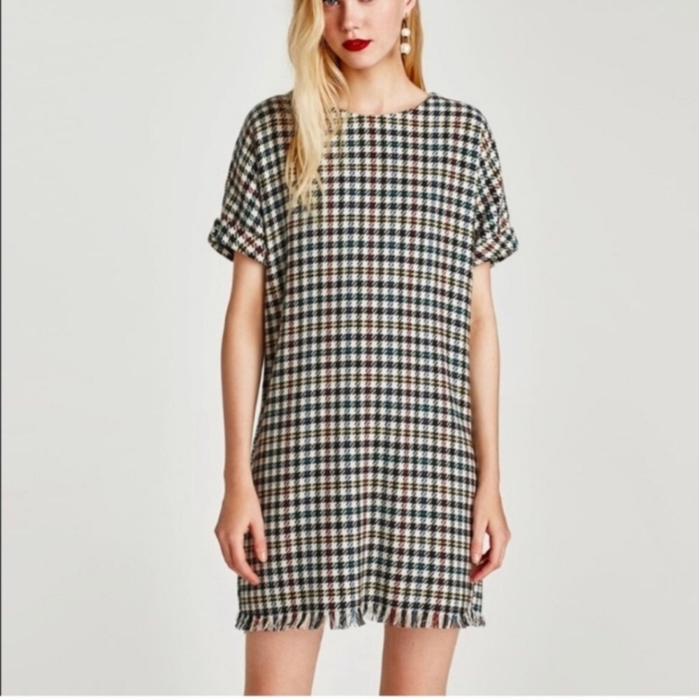 90s Grunge Zara Fringe Multi-Color Women’s Medium Houndstooth Mini Dress